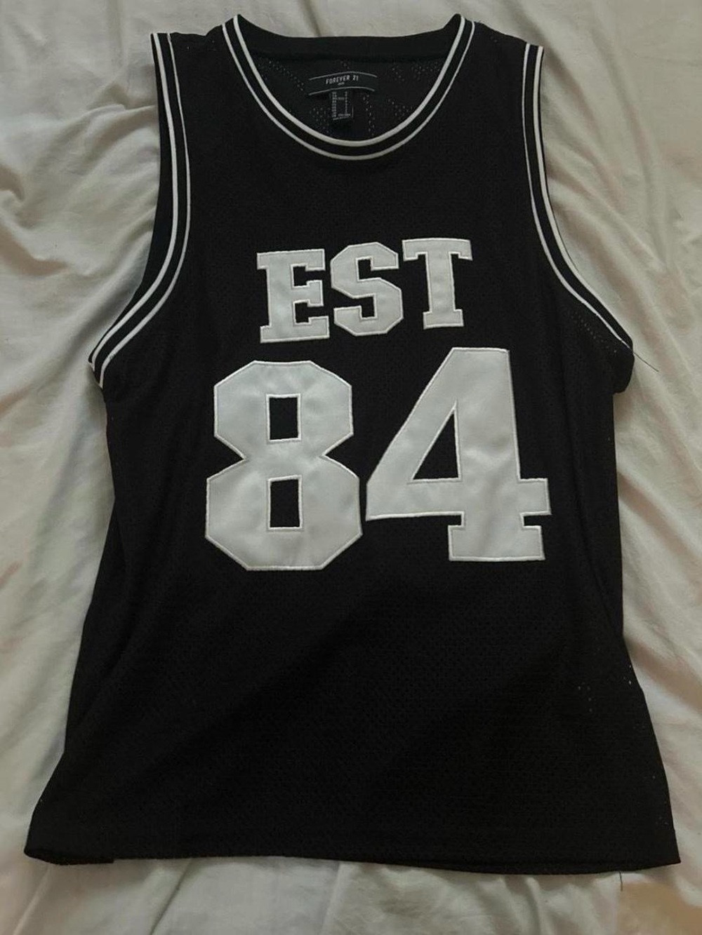 Forever 21 Black Mesh Athletic Tank with White 'EST 84' Appliqué